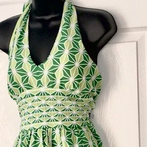 Geometric pattern green & white halter back dress